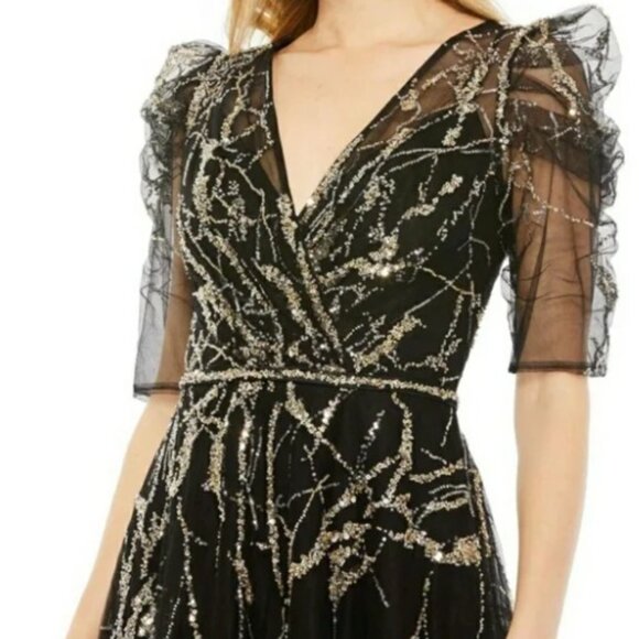 Mac Duggal NWT Black Gold Sequin Puff Sleeve Maxi Gown Dress Size 8 #204… - Picture 10 of 10